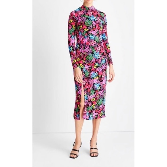 Wild Fable Floral Mock Neck Long Sleeve Side Slit Midi Dress Multicolor Black - Picture 1 of 5